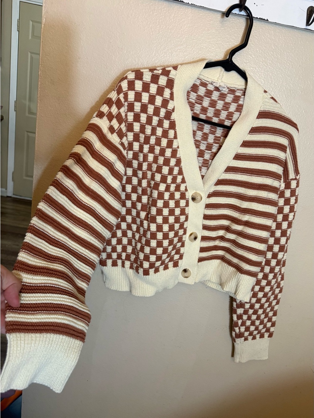 Hem & Thread Cream and Brown Cropped Checkerboard Stripe Cardigan